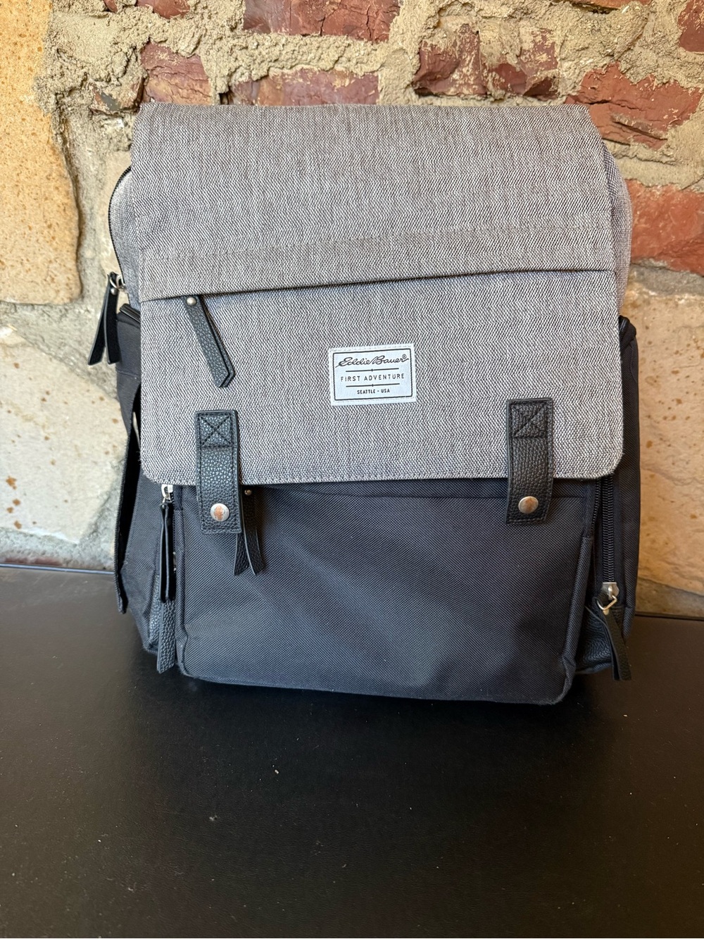 Eddie Bauer Gray and Black Canvas Flap-Top Diaper Bag